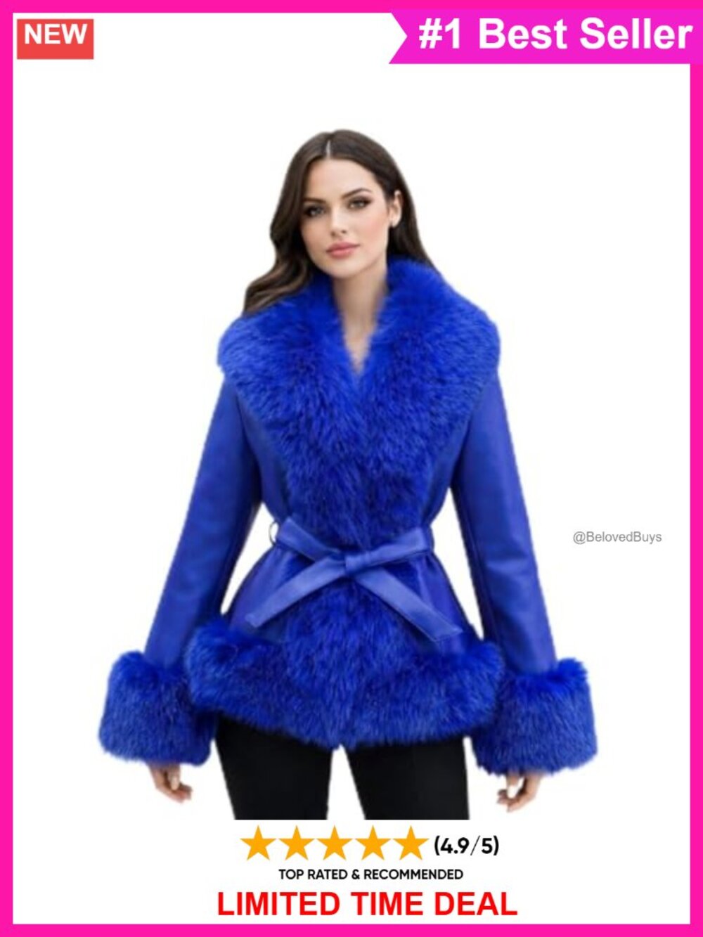 Vegan Leather Jacket Waist Length Faux Fur Trim Fleece Lined Belted Winter Coat